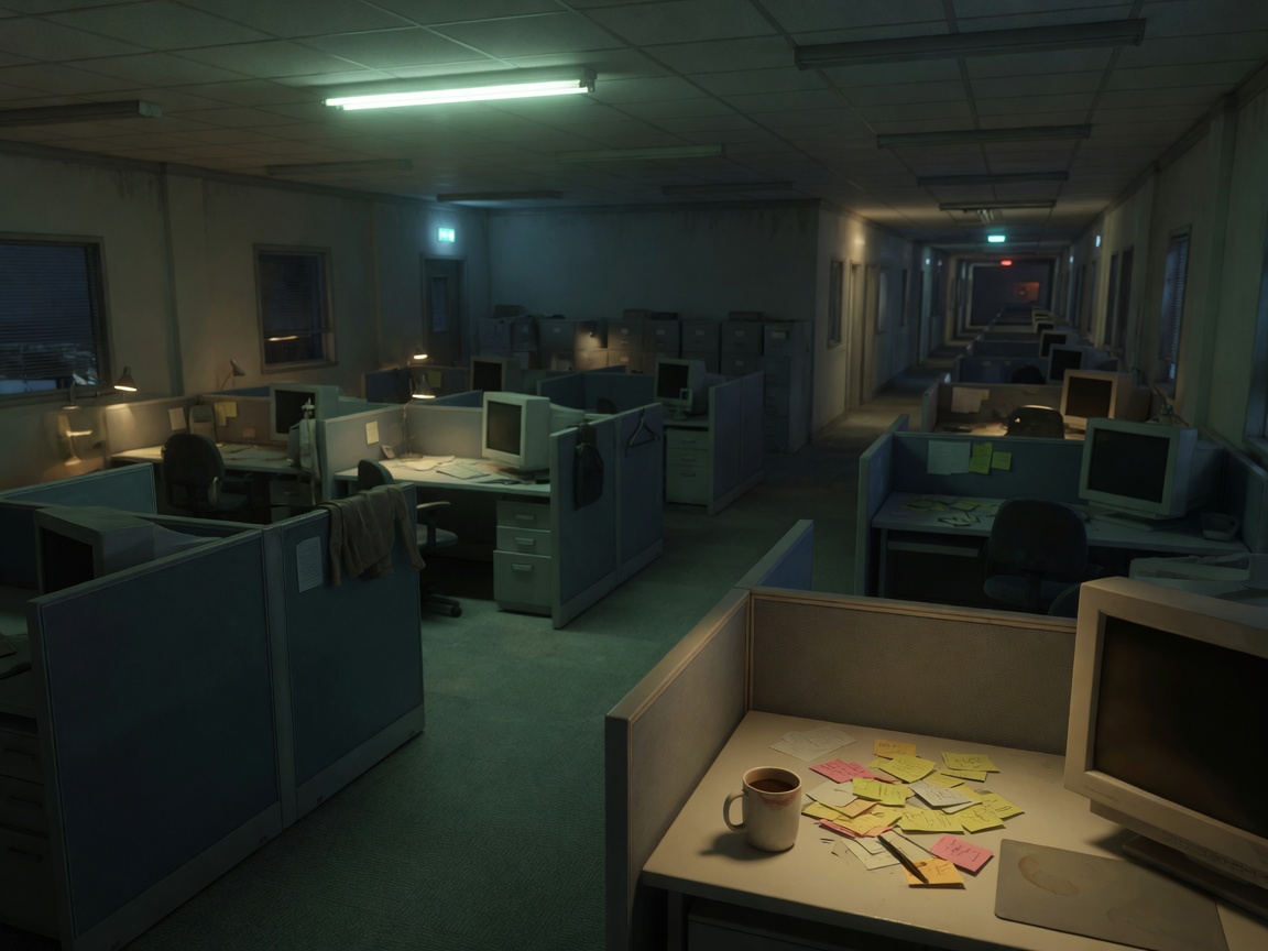 An empty office at night with cubicles, sticky notes, a coffee mug, and one flickering light