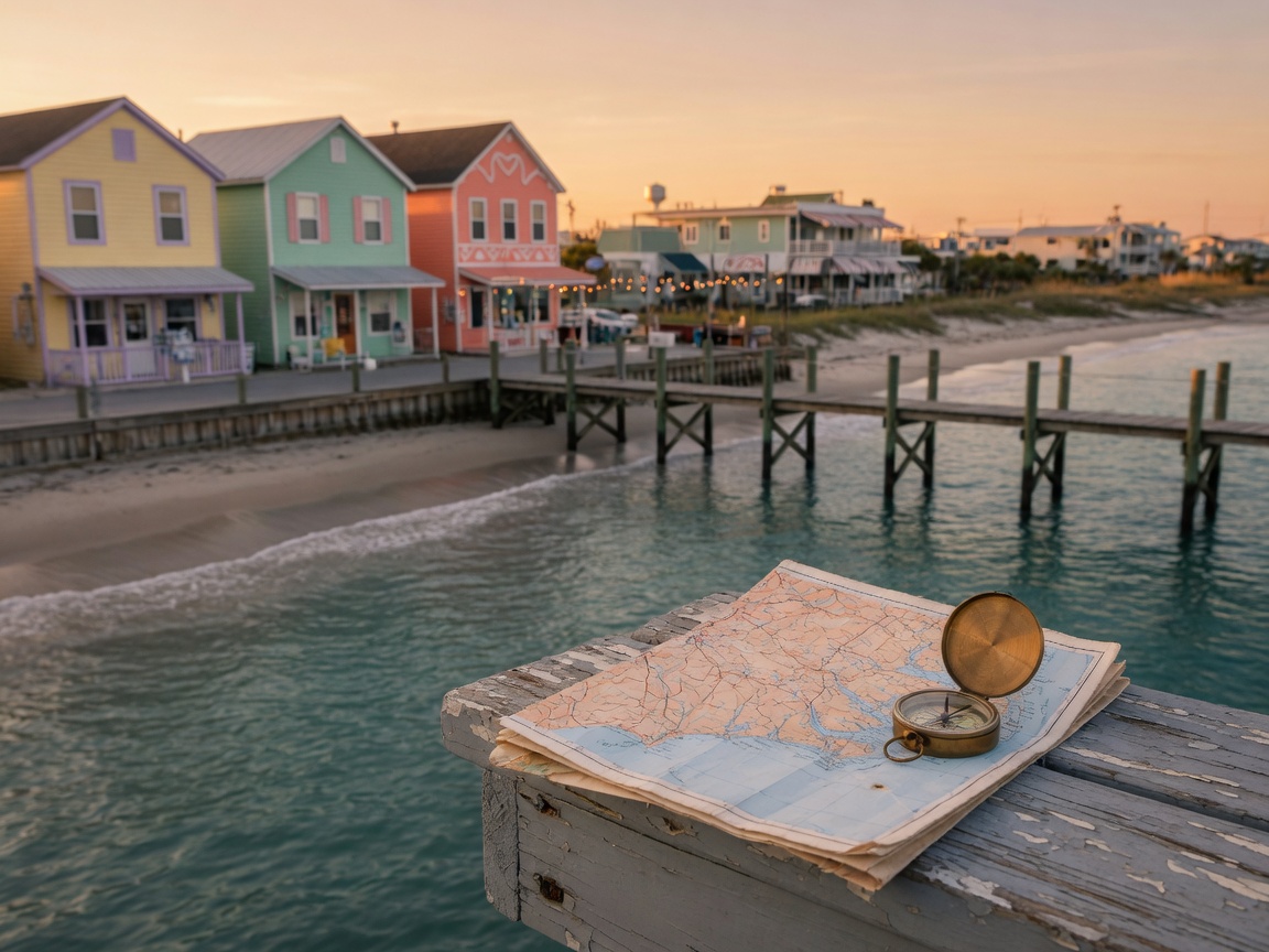 A folded map and brass compass on a weathered pier with pastel beach-town shops at sunset